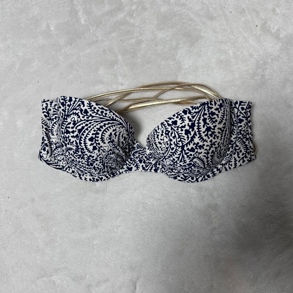 Aerie Bikini Top Women 34C Blue Floral Gold Metallic bandeau Padded